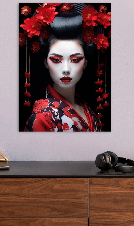 Geisha Portrait with Red Flowers — metal poster wall art by Lineer